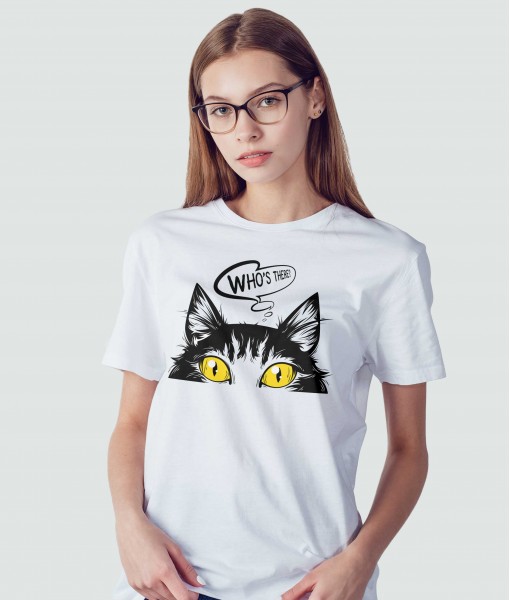 Дамска тениска с щампа Текст и надписи Who`s There Cat